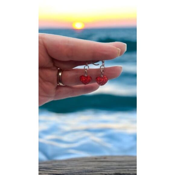Handcrafted Huggie Hoop Earrings Featuring Red Rhinestone Hearts - Picture 9 of 9